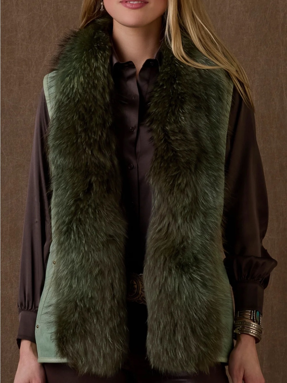 Double D Ranch Forest Green Suede Hondo Vest with Plush Fur Collar